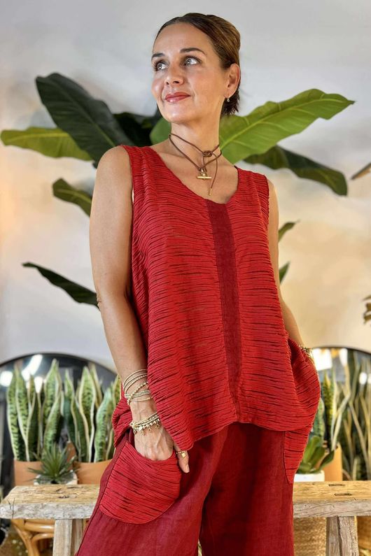 Made in Italy Benji Linen Panel Wave Vest Chilli Pepper /11 = ** 